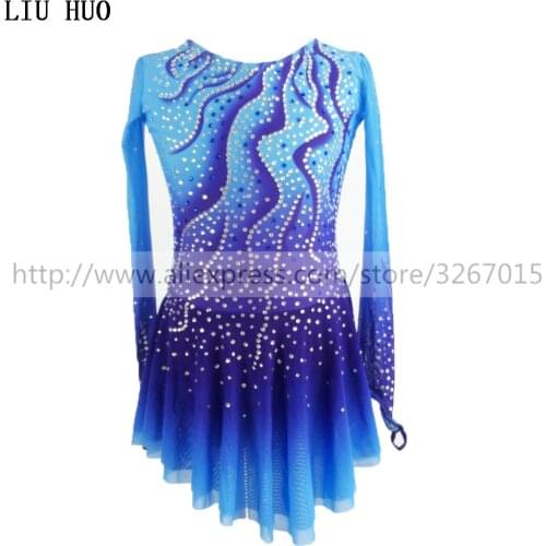 Competition Figure Skating Dress Womens Girls' Ice Skating Dress Round neck Rhythmic Gymnastics Long sleeve Royal blue Kids