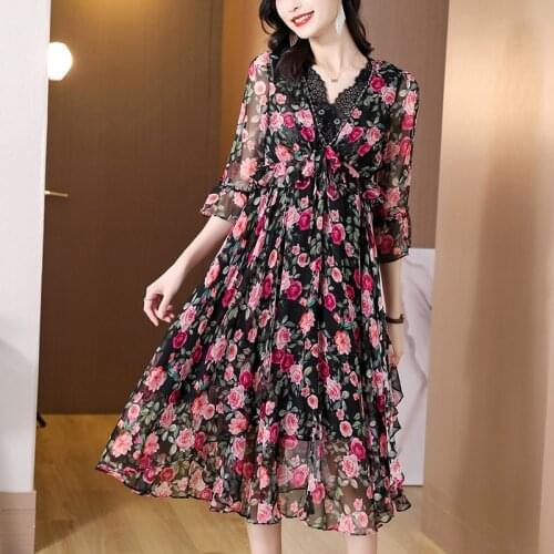 Summer Print Mulberry Silk Midi Dresses 2021 Vintage 3XL Plus Size Chiffon Lace Sexy Dress Women Elegant Bodycon Party Vestidos