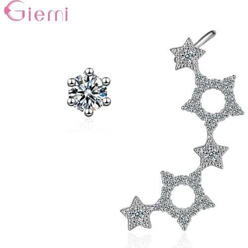Trendy Simple 925 Sterling Silver Round Star Earrings White AAA Zirconia Stud Earrings Asymmetric Jewelry Gift Birthday
