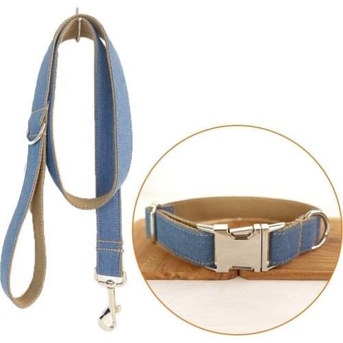 Dog Leash Collar Set Leash Adjustable Outdoor Cowboy Pet Collar Set Jean Leash Collar Heavy Duty Denim Dog Leash Collar Borwn