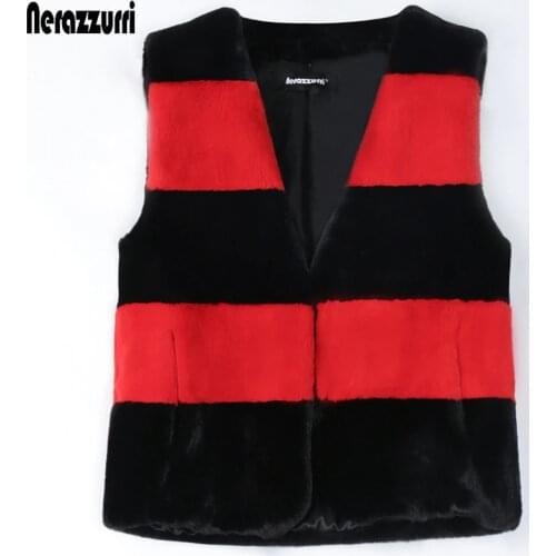 Nerazzurri Black and red striped faux fur vest for baby girl deep v neck Short fluffy furry vest kids Fall sleeveless jacket