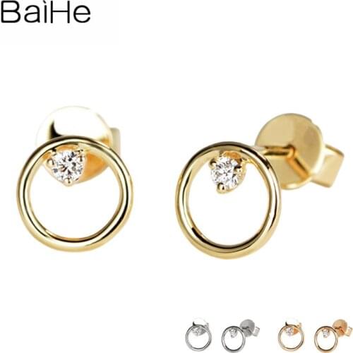 BAIHE Solid 14K Yellow/Rose/White Gold Single Diamond Round Earrings Women Engagement Fine Jewelry Cерьги Cережки Christmas Gift