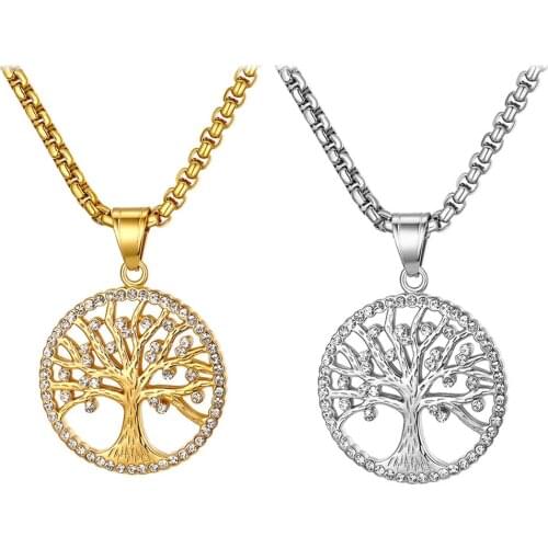 BONISKISS New Tree of Life Crystal Round Small Pendant Necklace Stainless Steel Gold Silver Color Necklace Women Jewelry Gifts