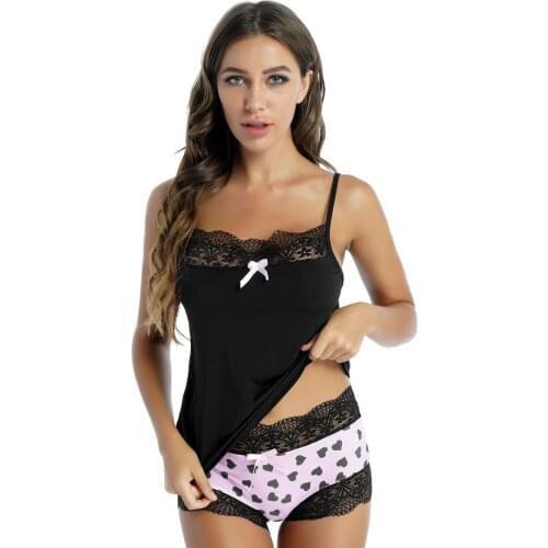 Womens pajamas Print Lace Patchwork Pajamas Set Sleepwear Adjustable Spaghetti Strap Camisole with Shorts Summer Sleepwear