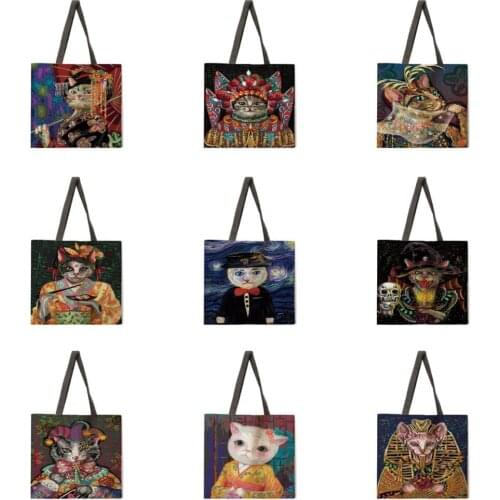 Artist cat casual tote bag linen bag eco-friendly shopping bag outdoor beach bag casual tote bag
