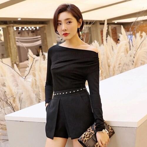 Early spring 2019 Thai fashion slant shoulder long sleeve top slim package hip sexy skirt suit female 8257