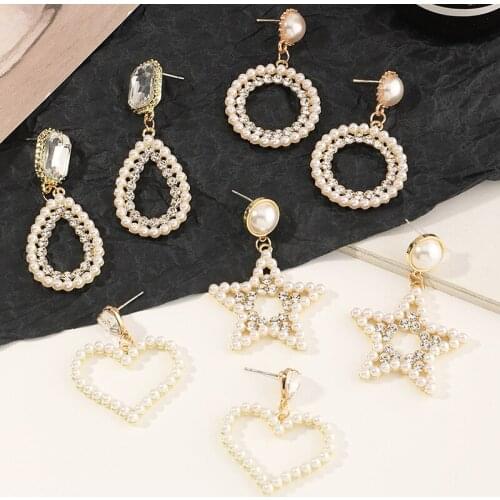 Luxury Rhinestone Geometric Drop Earrings for Women Girls Korean Fashion Pearl Heart Round Dangle Earrings Wedding Party Jewelry