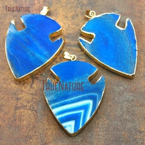 Dark Blue Blowout Agates Pendant Gold Electroplated Arrowhead Pendant 63x45mm PM12383