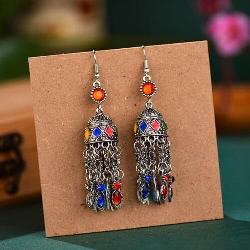 Vintage Ethnic Gypsy Ladies Indian Earrings Boho Jewelry Retro Flower Baroque Bell Tassel Hollow Tassel Jhumka Earrings