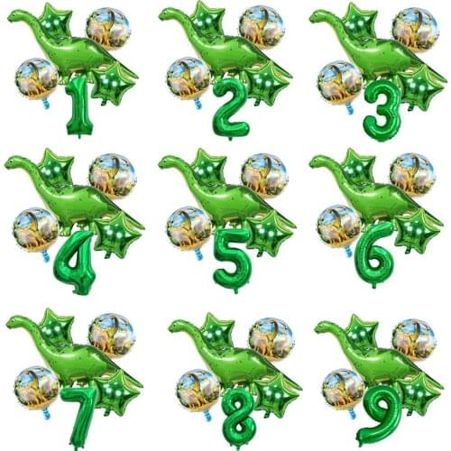 6pcs/lot Green Tanystropheus Foil Balloons Boy Dinosaur Balloon with Number Balls Jurassic World Birthday Party Decorations Kids