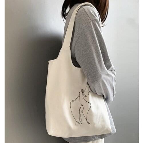 Women Canvas Shoulder Bag Print Ladies Shopping Bags Cotton Cloth Fabric Grocery Bag Line Art Handbags Tote Books Bag for Girls