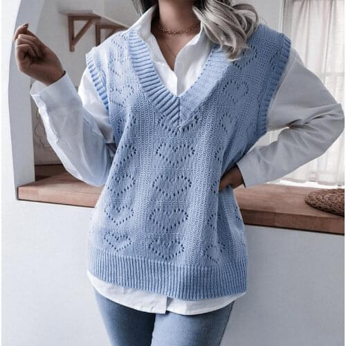Womens Love Hook Flower Hollow Loose Knitted Vest V-neck Sleeveless Casual All-match Vintage Sweater Vests Female 2021 Autumn