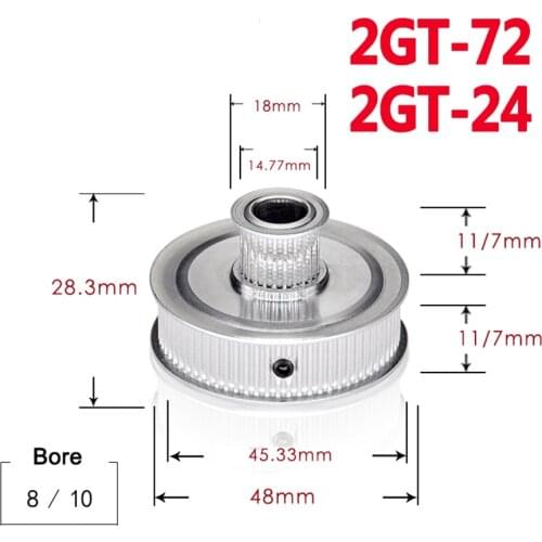1Pcs 2GT 72/24 Tooth Timing Pulley Double Round-Headed Synchronous Wheel Gear For 3D Printer Parts Width 7mm 11mm Bore 8mm 10mm