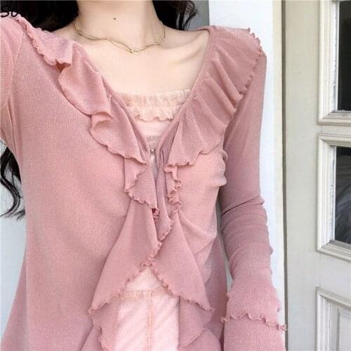 Blouses Women V-neck Ruffles Slim Open Stitch Females Shirts Elegant Solid Korean Style Vintage All-match Designed Comfortable