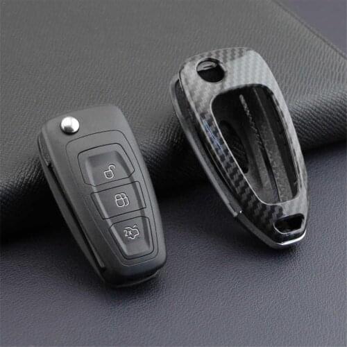Car Key Shell Remote Control Bag Protective Cover ABS Carbon Fiber With Key Chain For Ford Focus/Escape/Kuga 2012-2019