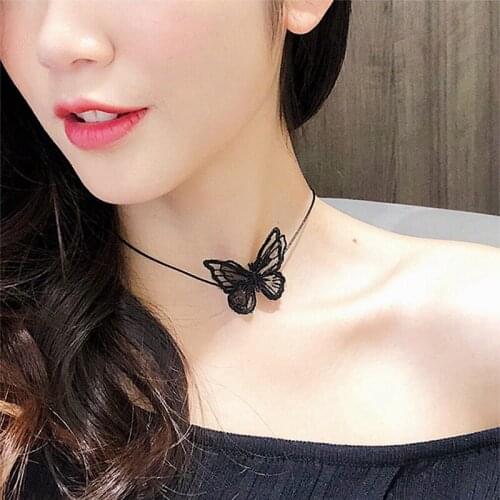Black Lace Butterfly Chocker Necklace Gothic Women Collar Lace Butterfly Pendant Short Necklace Punk Style