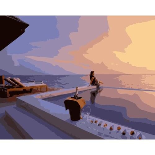 MaHuaf-j331 Maldives tropical island ocean spa champagne girl painting on canvas by numbers for living room wall