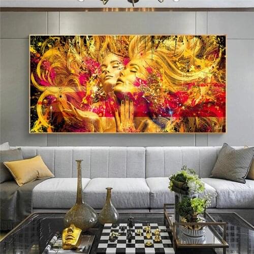 Graffiti Art African Nude Woman Black and Golden Canvas Painting Posters and Prints Wall Art Pictures for Living Room Decor