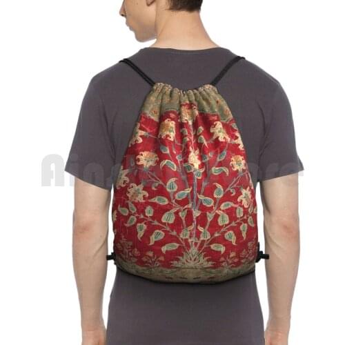 Indian Floral Rug 17Th Century Fine Art Print Backpack Drawstring Bag Riding Climbing Gym Bag Vintage Vintage Rug Carpet
