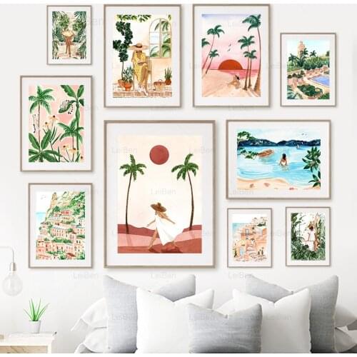 Italian Shore Sunset Beach Lemurs Moroccan Girl Wall Art Canvas Painting Posters and Prints Wall Pictures for Living Room Decor