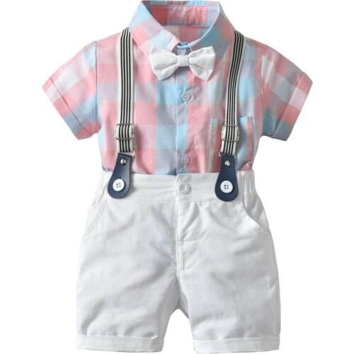 Toddler Kids Baby Boy Clothes Gentleman Outfit Clothes Pink Plaid T-shirt Top+Overalls Shorts Boys Clothes 2pcs Sets