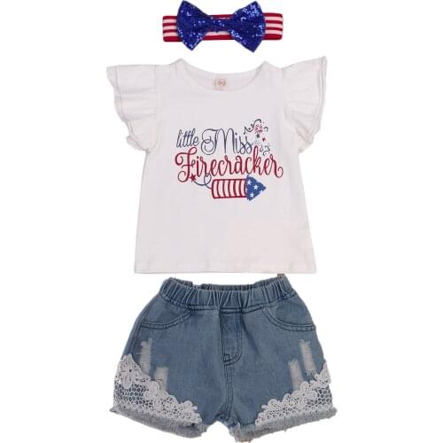 3Pcs Independence Day Little Girls Outfit, Summer Letter Printing Fly Sleeve Round Collar Tops + Lace Edge Shorts + Headwear