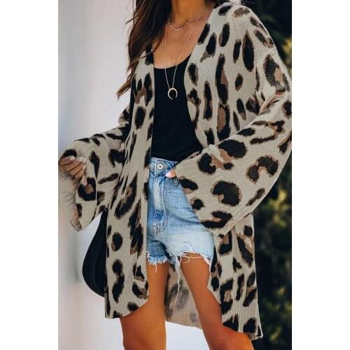 Lightweight Knit Leopard Cardigan Autumn Spring Fashion Casual Knee-Length Cardigans Windproof Tops Plus Size