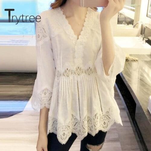 Trytree 2020 Summer Woman Casual Blouse V-neck Lacr Hollow Out Fashion Flare Sleeve Temperament All-Purpose Style Blouse Tops