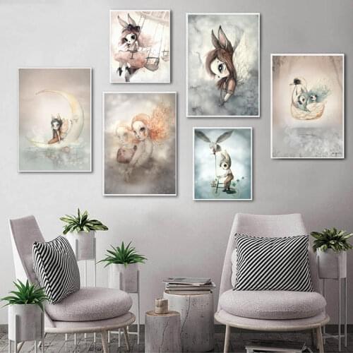 Sweet Home Decor Nordic Canvas Painting Wall Art Poster Rabbit Girls Boys Picture Cartoon Watercolor Decor Print for Kid Bedroom