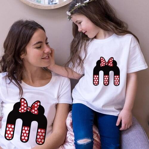 Fashion Family Matching Clothes Mickey Mouse Letters Printed ABC Family Clothes Short Sleeve White O-neck Kids Mother Tee Tops