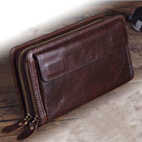 Mens Long Genuine Leather Wallet Double Zipper Phone Purse Clutch ID Card Holder