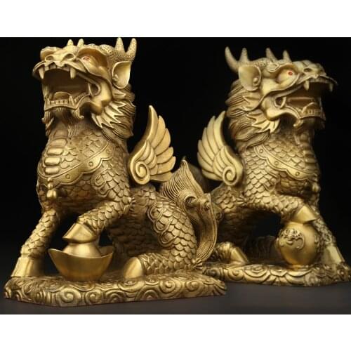 Feng Shui Set of Two Golden Brass Chi Lin/Kylin Wealth Prosperity Statue Home Decoration Attract Wealth and Good Luck