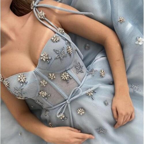 Sky Blue Crystal Stars A-line Women Party Dresses To Wedding Engagement Sweetheart Sleeveless Ankle Length Female Summer Outfit