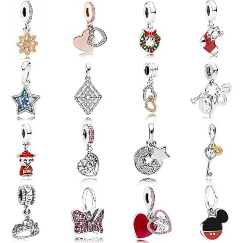 NEW 2019 100% 925 Sterling Silver Star Key Crown Sock Heart Shape Tree Pendant Charm Fit DIY Original Women Bracelet Jewelry