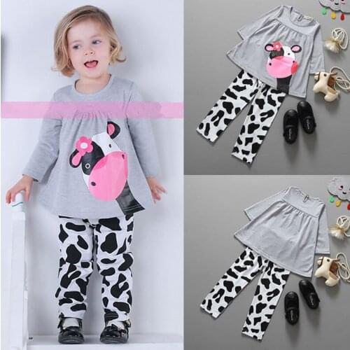 2pcs New Set Kids Baby Girl Clothes Toddler Cow Autumn T-shirt Top+Pants Trousers Outfit Cotton T-shirt Top+Pants Cute Clothes