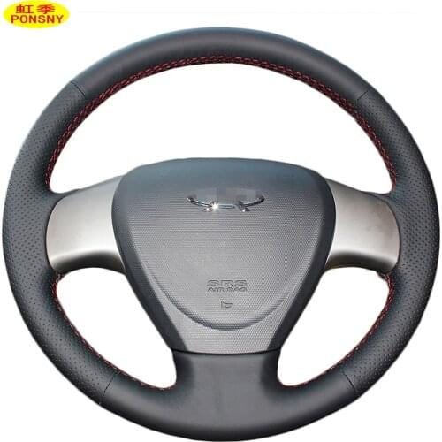 PONSNY Artificial Leather Car Steering Wheel Covers Case for Chery A3 M11 M12 Hand-stitched Steering Cover Black
