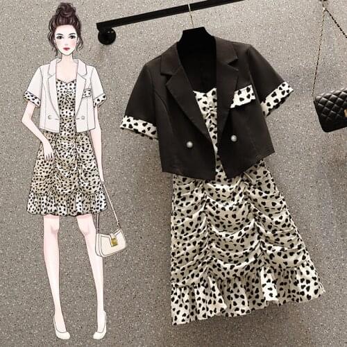 Plus Size Womens 2021 Summer Temperament Fashion Short Sleeve Leopard Printed Suit Jacket Suspender Dress Two Piece Set zh901