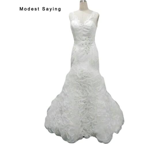 Luxury V Neck Ruffled Wedding Dresses 2019 with Sash Women Mermaid Beaded Lace Bridal Gowns Ivory Custom Made vestido de noiva