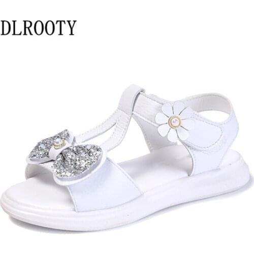 Summer Children Sandals Shoes Girls Bow-knot Flower Bling Princess Kids Party Fashion Beach Hook & Loop Flat Toddler Baby