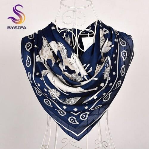 [BYSIFA] New Navy Blue Silk Scarf Shawl Fashion Horse Design Large Square Scarves Wraps Spring Autumn Muslim Head Cape 110*110cm