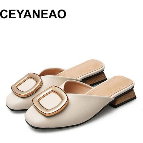CEYANEAO Closed Toe Mules Women Genuine Leather Low Heels Slippers Casual Metal Buckle Slip on Slides Shallow Loafers Big Size