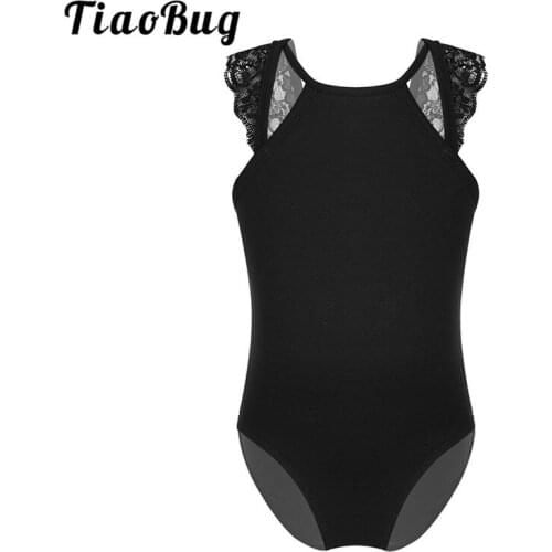 TiaoBug Kids Teens Sleeveless Lace Splice Cutout Back Solid Color Ballet Dance Costume Gymnastics Leotard Girls Child Dancewear