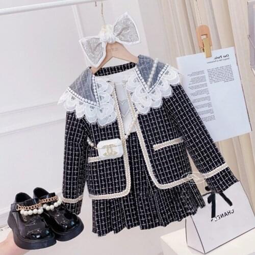 Girls Vintage Clothes Set Winter Outerwear Set Plaid Jacket and Skirt Children Clothing Set Cute Sets for Baby Girl Drop Ship