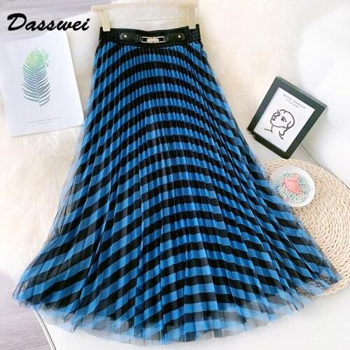 DASSWEI Fashion Striped Printed A-Line Pleated Mesh Skirt For Women Elastic High Waist Midi Skirt Femme 2021 Autumn Tulle Skirt