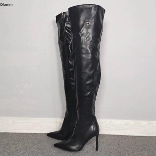 Olomm 2021 Women Winter Thigh High PU Boots Sexy Stiletto High Heels Charm Pointed Toe Black Casual Shoes Women US Size 5-15