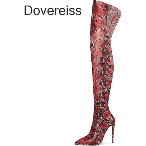 Dovereiss Fashion Womens Shoes Winter Pointed Toe Sexy New Clear Heels Boots Snakeskin Over The Knee Boots Stilettos Heels 47