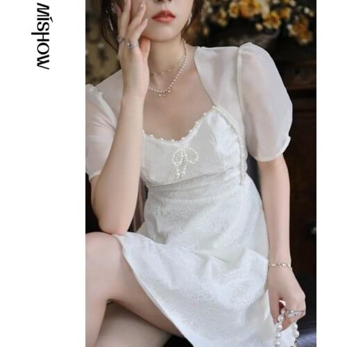 MISHOW White Dress Women 2021 Summer New Korean Puff Sleeve Square Neck Lace Beading Mini A-line Chiffon Dresses MXA25L0162
