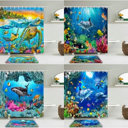 2pcs/set Ocean Sea Dolphin Fish Shower Curtain Set Bathroom Waterproof Polyester Cloth +Non-slip Mat Toilet Bathroom Home Decor