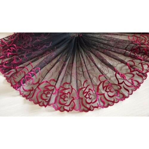 2 Yards Lace Trim Hot Pink Flowers Embroidered Black Tulle Lace 9" Wide Doll Dress Underwear Costume DIY Craft Supplies