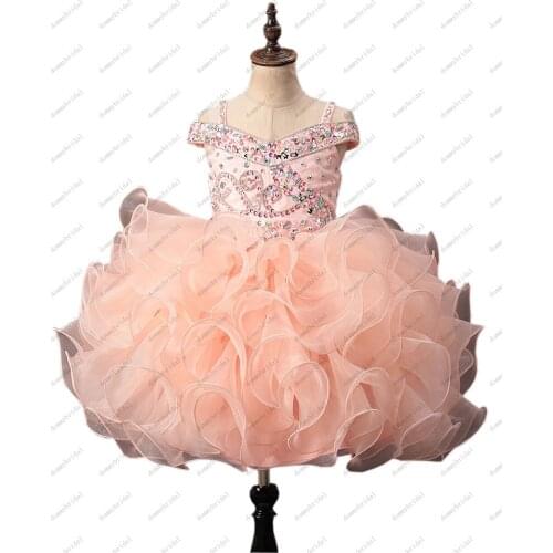 2021Cute Coral Pink Cupcake Toddler Little Girls Pageant Dresses forToddler Juniors Cold Shoulder Rhinestones Crystal Organza